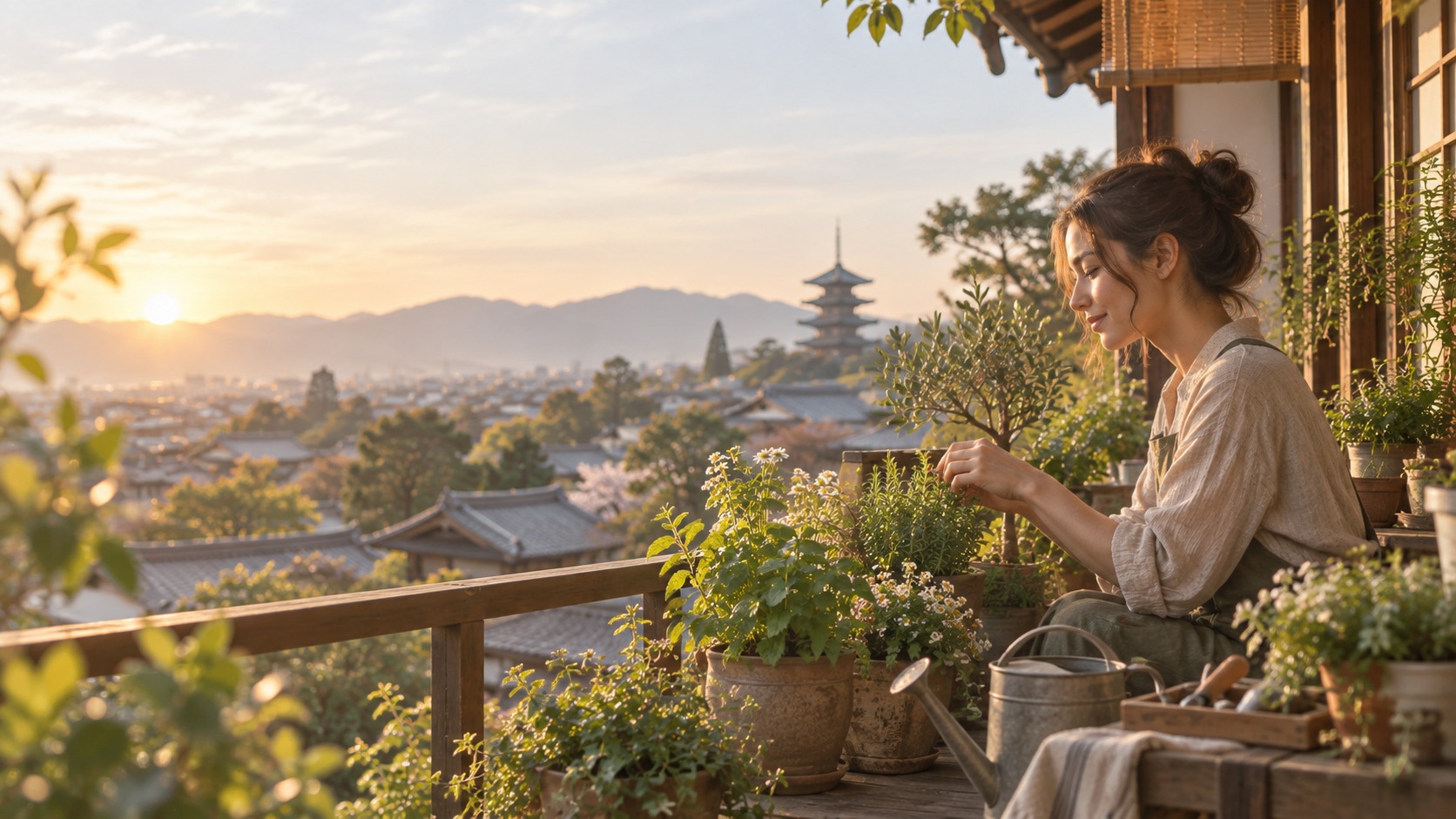A person tending familiar potted plants on a quiet Kyoto balcony in warm evening light
