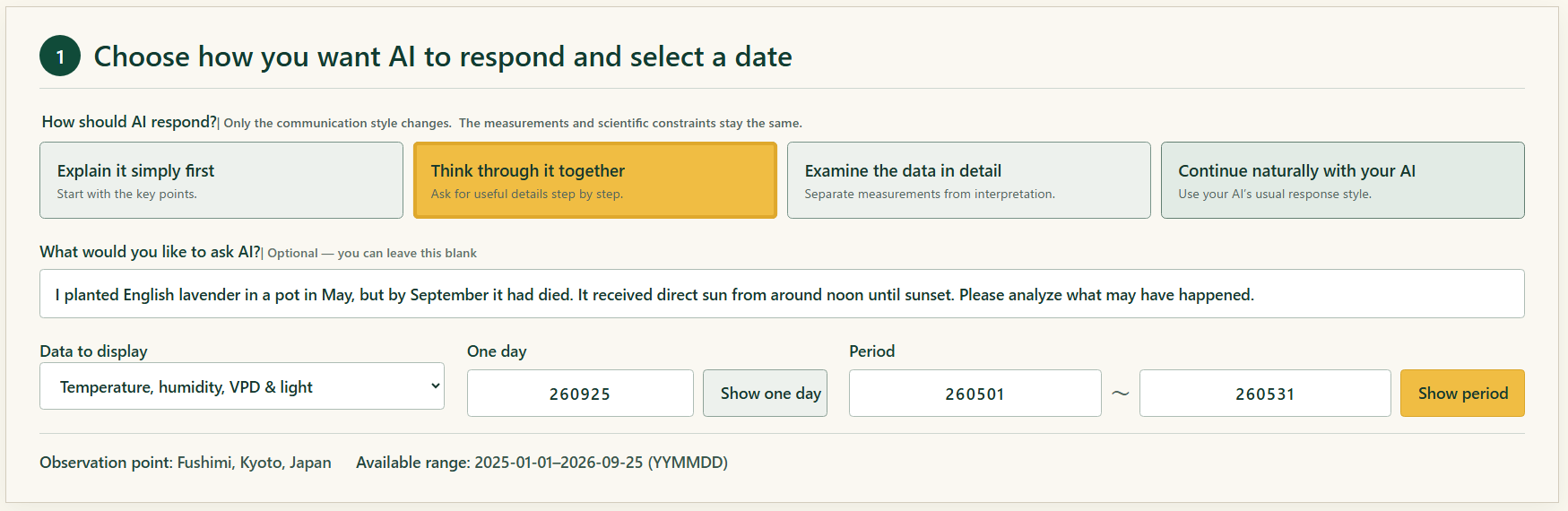 Climate and AI screen showing a simple English lavender question and a selected period