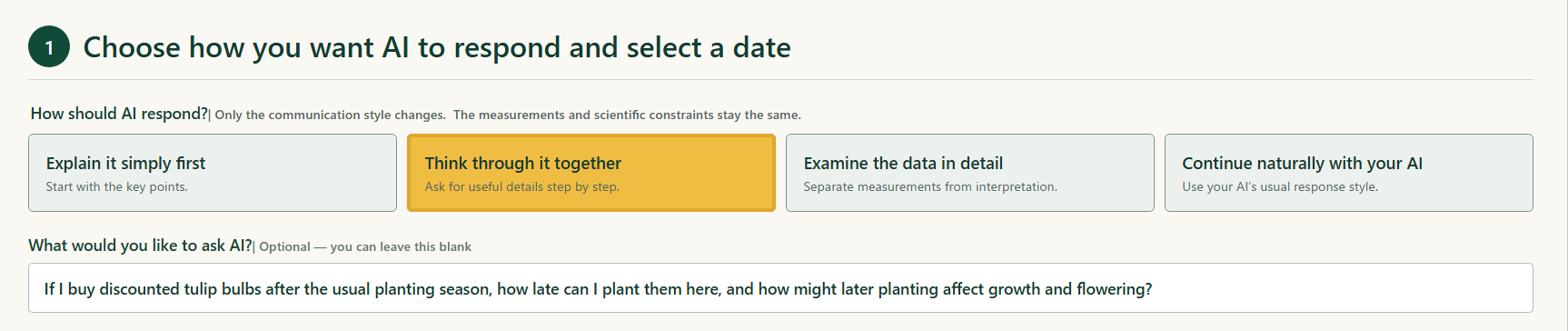 Climate and AI screen showing a question about planting discounted tulip bulbs after the usual season